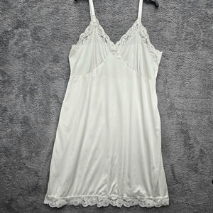 Vintage White Lace Trim Silk Feel Slip Dress Coquette Romantic 44